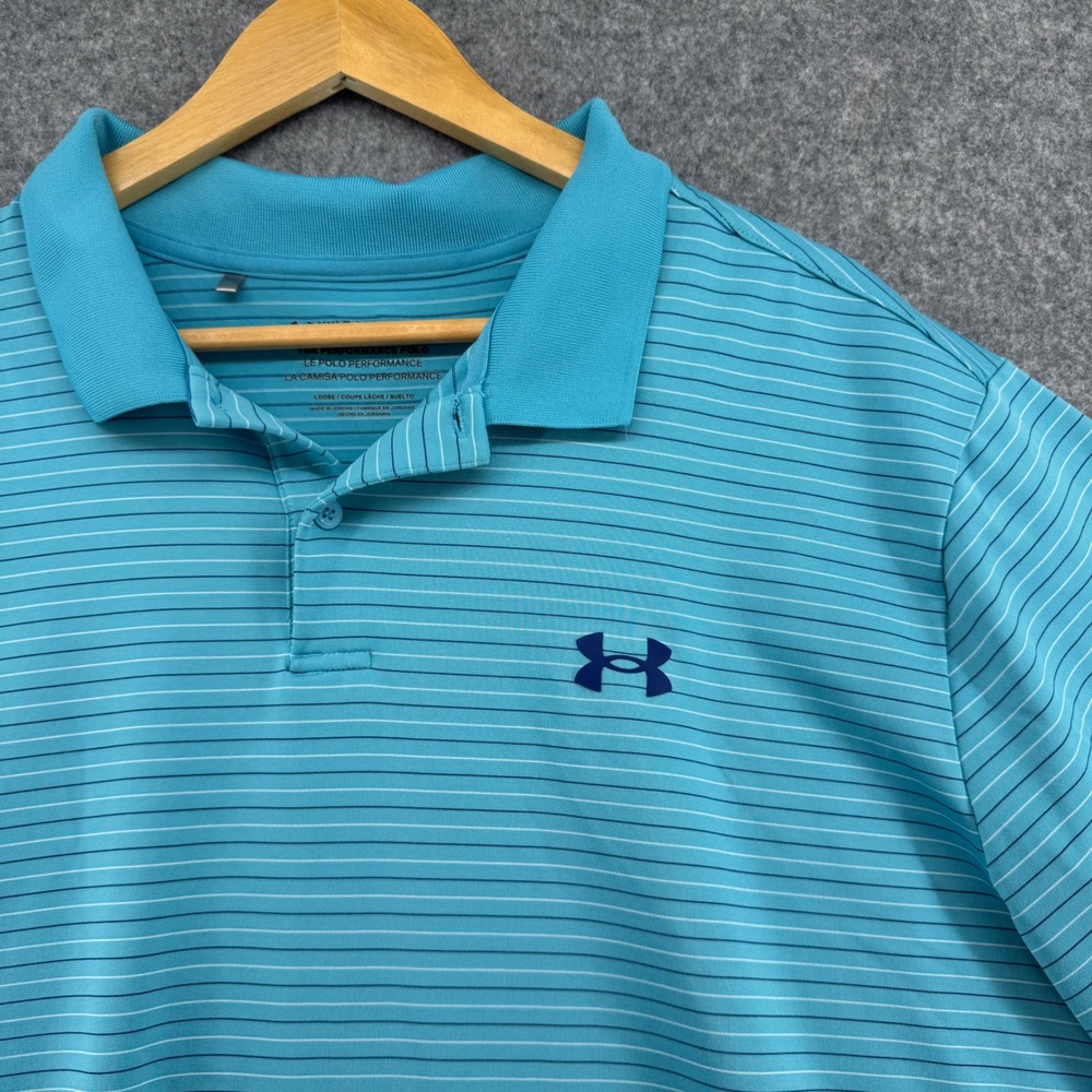 Under Armour Performance Polo Mens XXLT Blue Striped Short Sleeve Shirt
